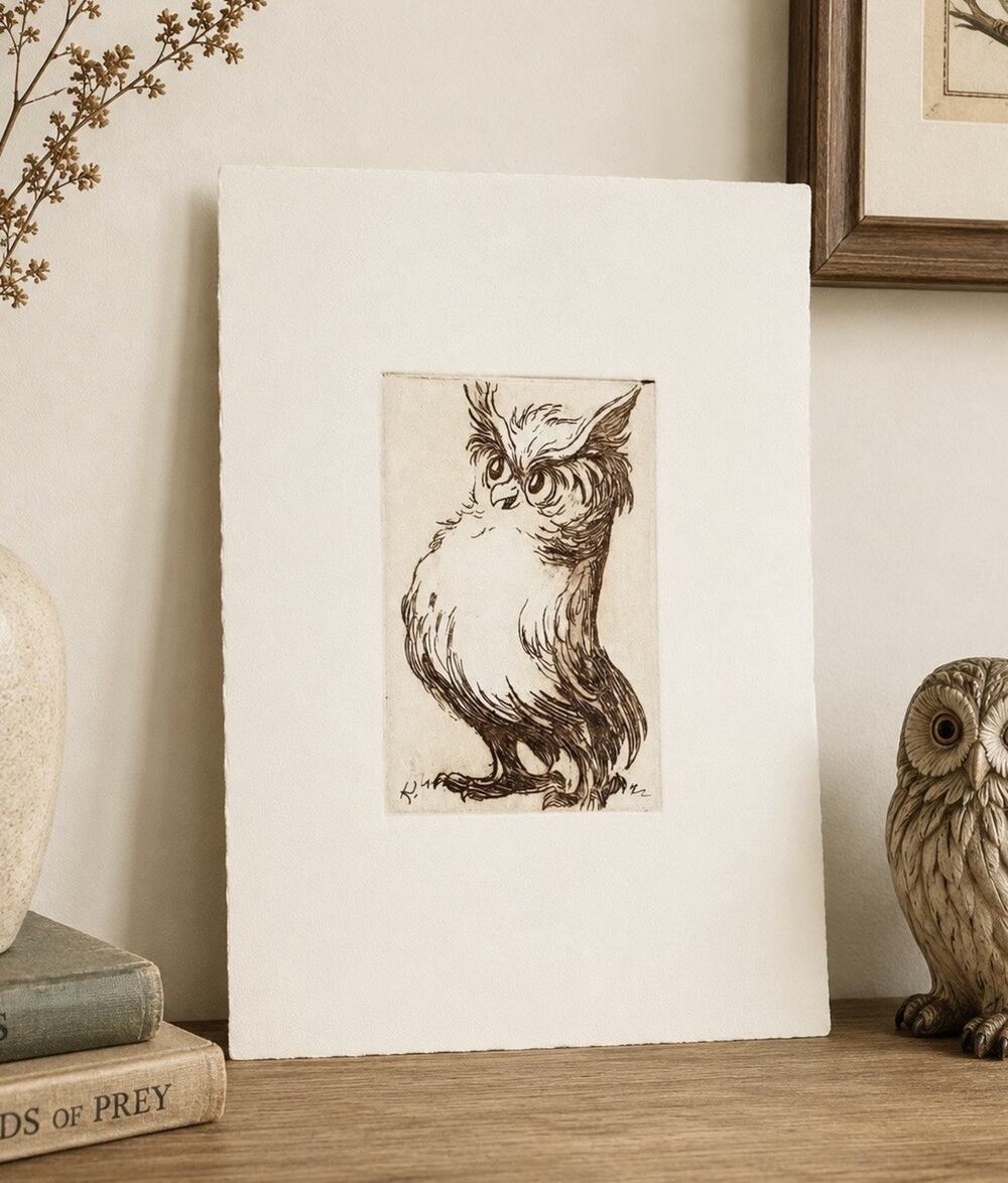 William A. Kolliker Original Etching Anthropomorphic Owl Intaglio Print Art 3x5
